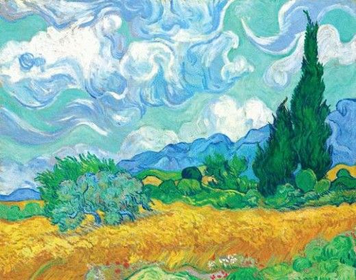 a painting of a field with trees and clouds in the sky above it is an image of a wheatfield