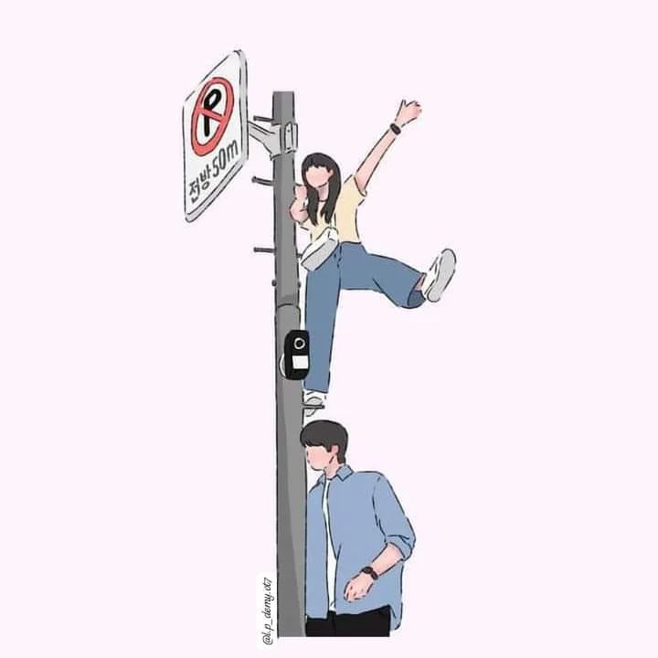 a man standing on top of a pole next to a no parking sign and another person leaning up against the pole