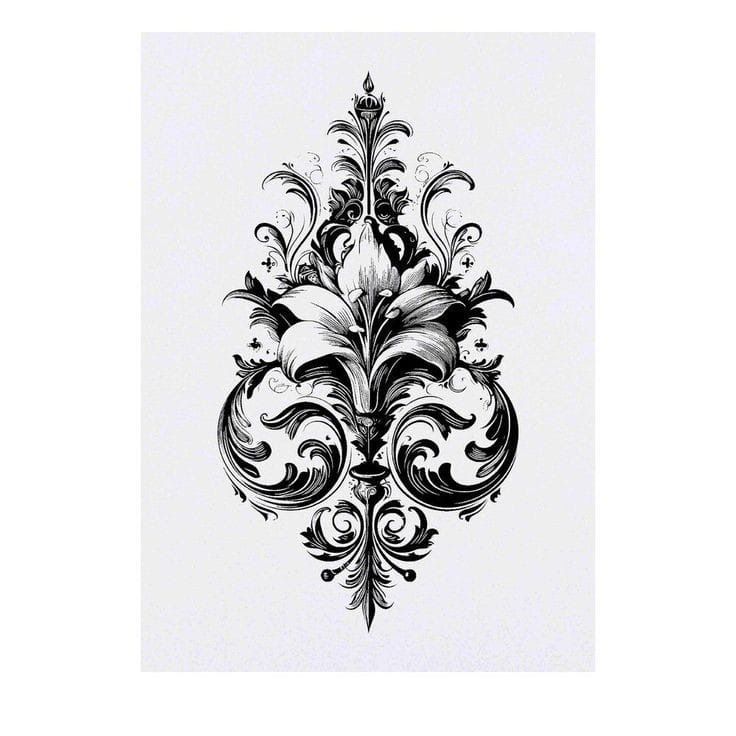 a black and white drawing of an ornate design