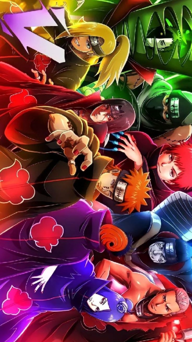 an image of some anime characters with different colors and shapes on their faces, in the background