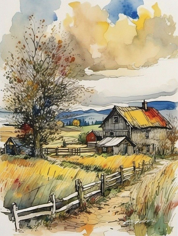 a watercolor painting of a farm with a tree and fence in the foreground