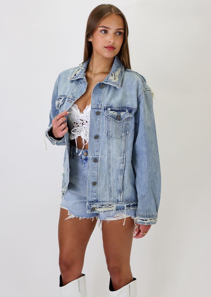 Introducing our light wash denim jacket, a timeless essential for every wardrobe. Crafted with high-quality denim and featuring classic detailing, this jacket exudes effortless style and versatility. Whether you're layering it over a dress for a casual day out or pairing it with jeans for a double denim look, this jacket is sure to become your go-to favorite for all seasons. Model Info Meet Christina! Here she is wearing a size small. Hips: 37.5" | Waist: 25.5" | Bust: 33" | Height: 5'6.5" The Details Button Up Distressed Front Pockets Light Wash [#other] Cool machine wash Wash inside out with similar colors Do not bleach Do not tumble dry Double Denim Looks, Going Out Skirts, Light Wash Denim Jacket, Mini Skirt Dress, Bodycon Dresses Casual, Double Denim, Corset Crop Top, Flare Leg Jeans, Midi Maxi Dress