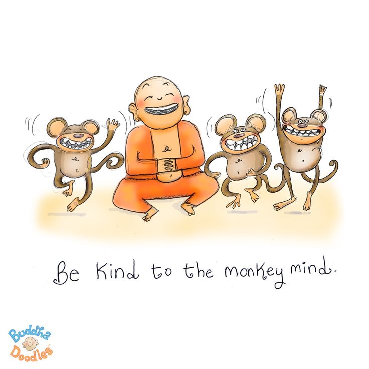 an image of three monkeys doing yoga with the caption be kind to the monkey mind