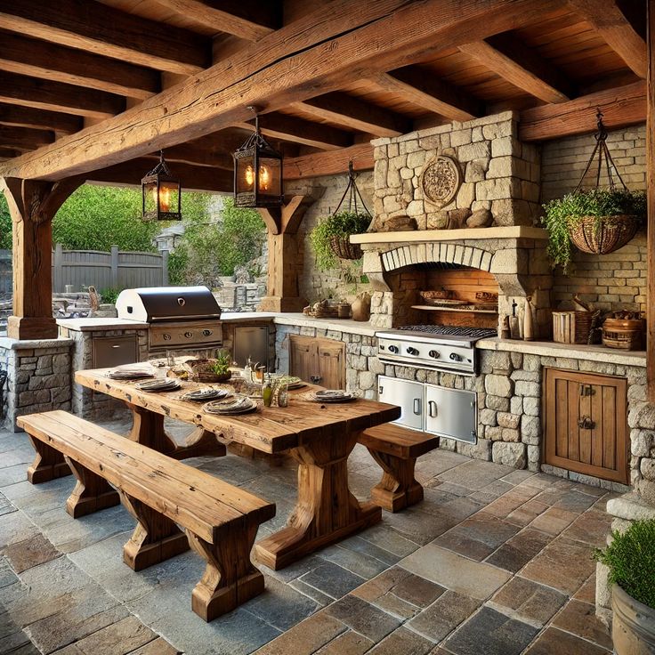 an outdoor kitchen with grill, table and benches