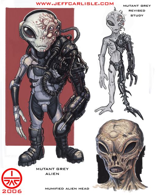 an alien character is standing next to a human head and another creature in the background