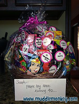 a basket filled with lots of different types of candies in it's wrapper