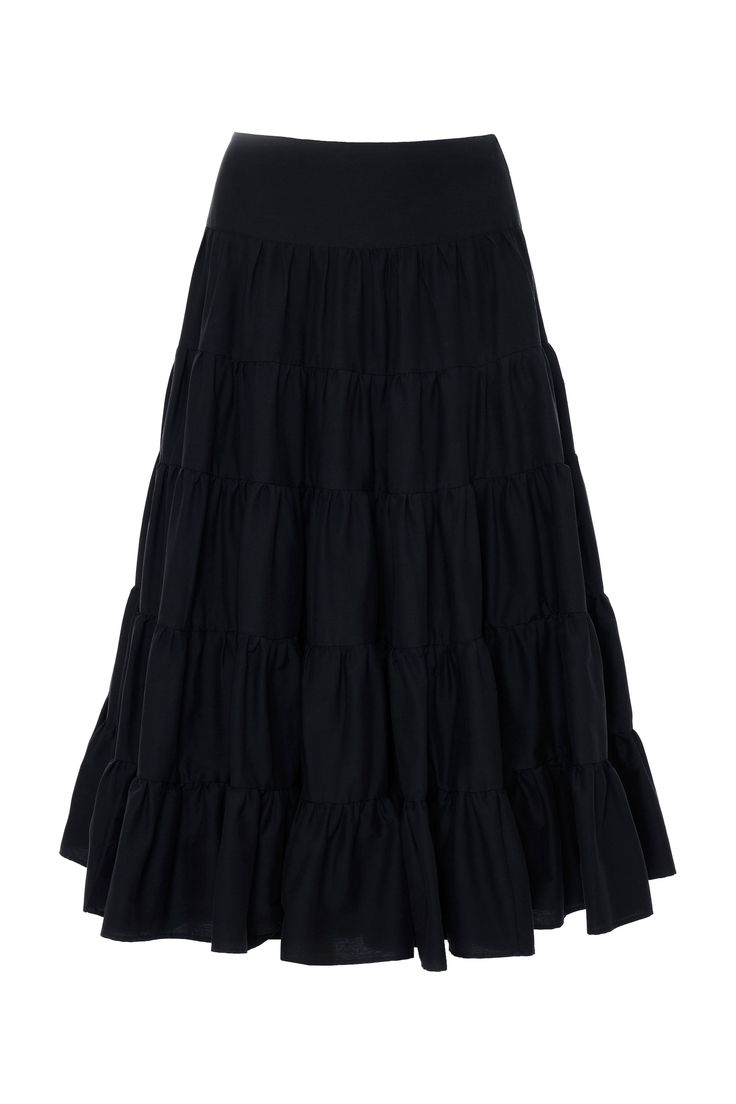 The Devotion Twins Eliana Skirt 024.317G | Black is the perfect combination of playful and timeless. With its ruffles and staple elements, it's the perfect piece to add effortless style to any look. Elevate your everyday wardrobe with this eye-catching yet versatile skirt. Syle: 024.317GMade in Greece Belted Cardigan, Black Midi Skirt, Tier Skirt, Waist Circumference, Cotton Skirt, Everyday Wardrobe, Cardigan Coat, Black Media, Coat Dress