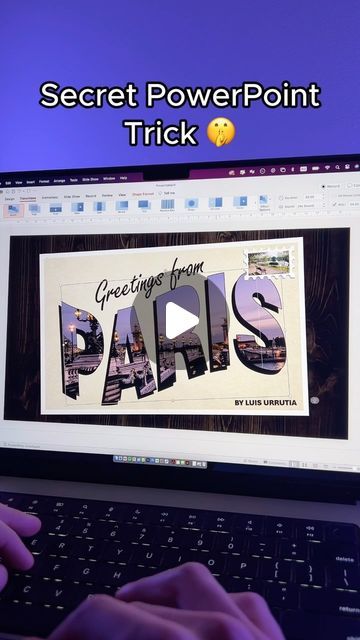 a person typing on a computer keyboard with the words paris in front of them and an image of the eiffel tower