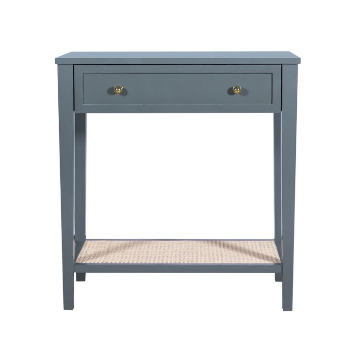 a small blue table with two drawers on the bottom and one drawer at the top