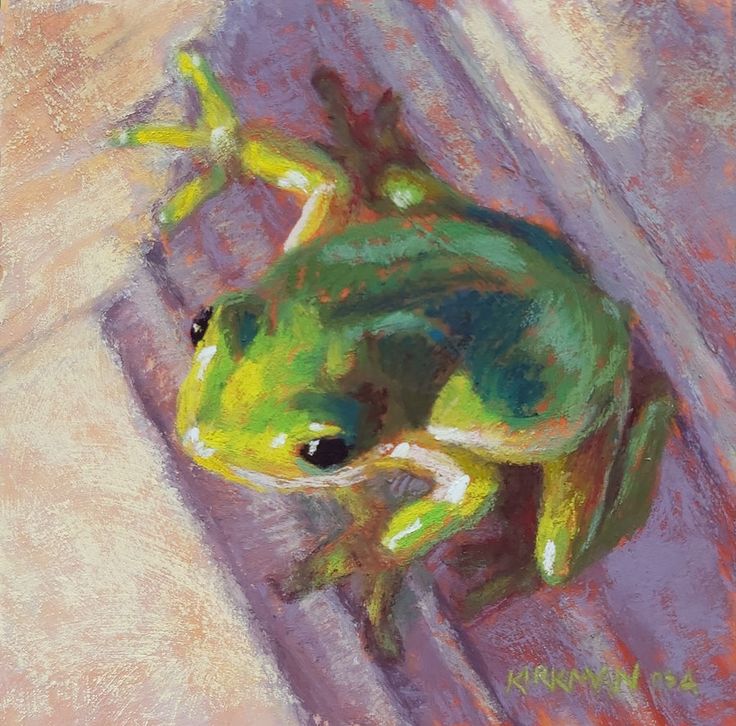 a painting of a green frog sitting on the ground