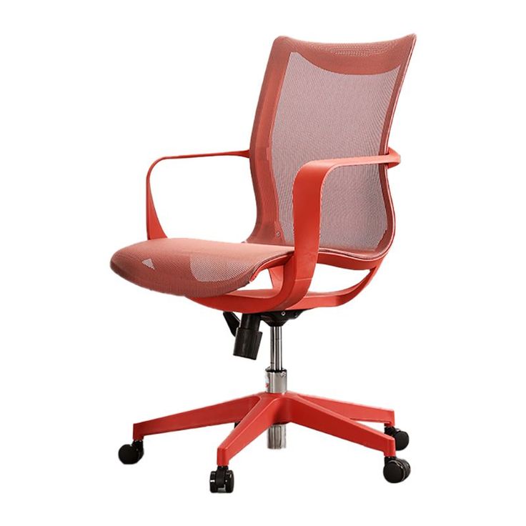 a red office chair with wheels on an isolated white background