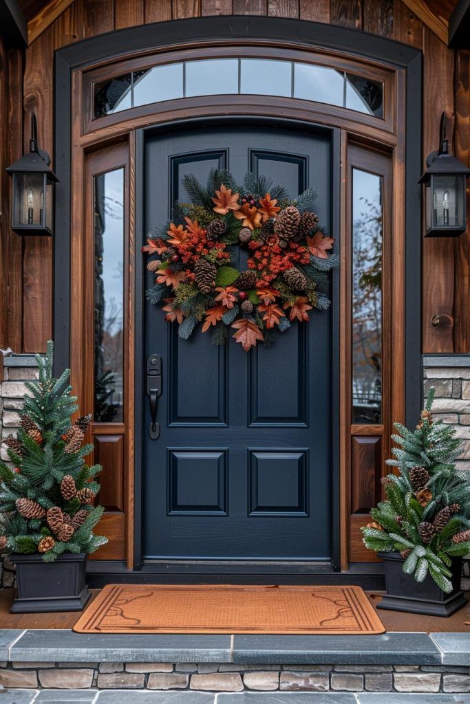 a blue front door decorated with pine cones and wreaths