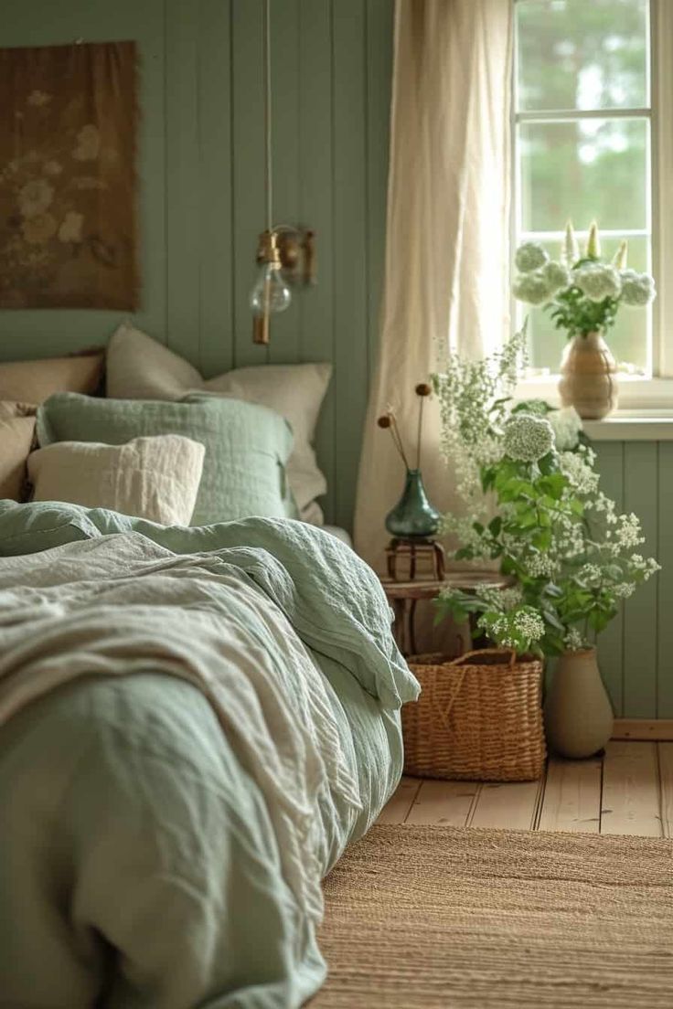 a bedroom with green walls and bedding in front of a window filled with potted plants