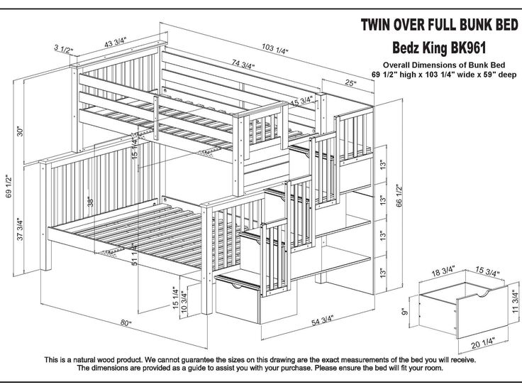 the bunk bed is shown with measurements for its size and features an attached storage compartment