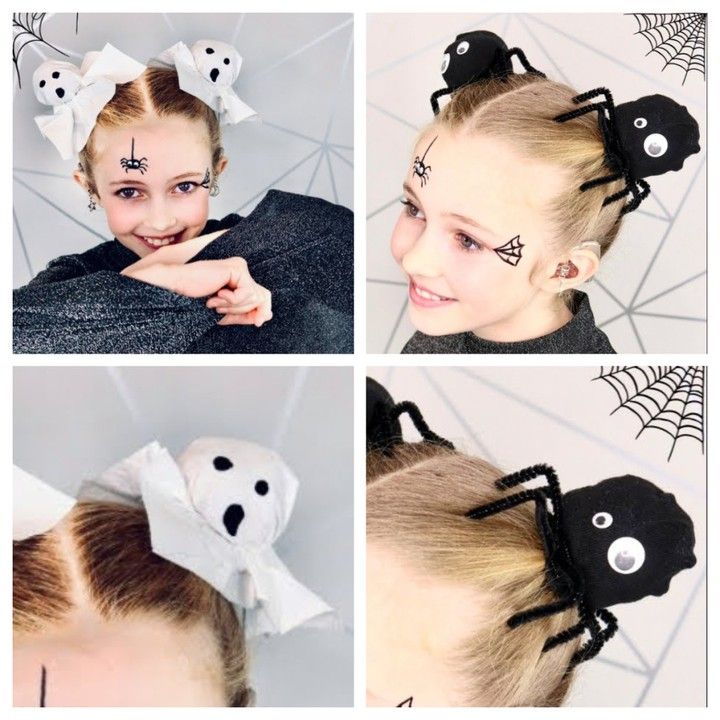 Wacky Halloween Hair, Kids Spider Hair, Halloween Wacky Hair Day, Girls Ghost Hair Buns, Halloween Spider Hair Bun, Halloween Hairstyles Ideas, Crazy Halloween Hair For Kids, Spooky Halloween Hairstyles, Spider Buns Hair