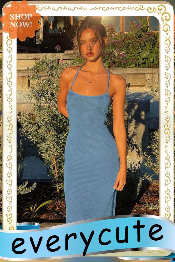 Backless Maxi Dress for Women Sexy Straps Sleeveless Party Dresses Summer Female Blue Long Beach Dresses Casual Outfits New Summer Beach Bodycon Backless Dress, Summer Bodycon Backless Dress, Summer Halter Neck Solid Bodycon Dress, Summer Solid Color Halter Neck Bodycon Dress, Light Blue Backless Summer Dress, Summer Blue Backless Dress, Blue Backless Sleeveless Dress For Summer, Blue Sleeveless Backless Dress For Spring, Fitted Blue Backless Summer Dress