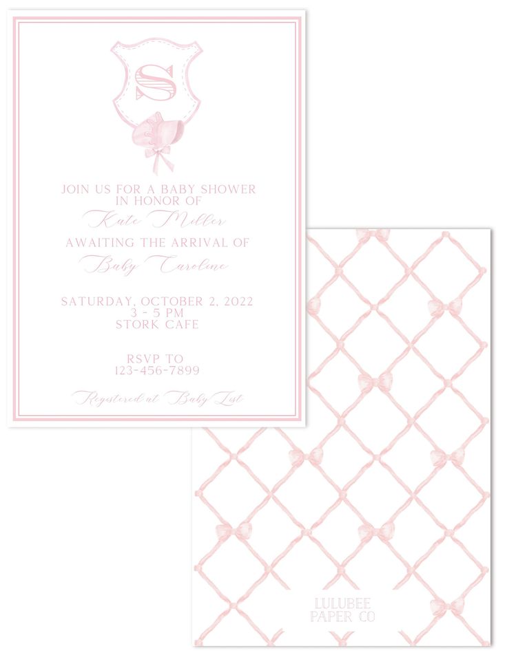 a pink and white baby shower card with the word, it's for a baby shower