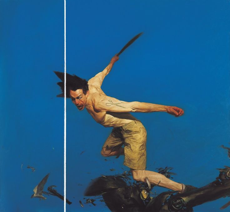 two paintings of men jumping in the air, one with his arm extended and another without