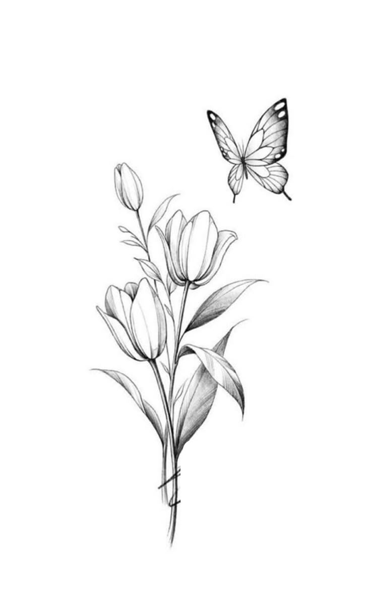 a black and white drawing of flowers with a butterfly flying over it's head