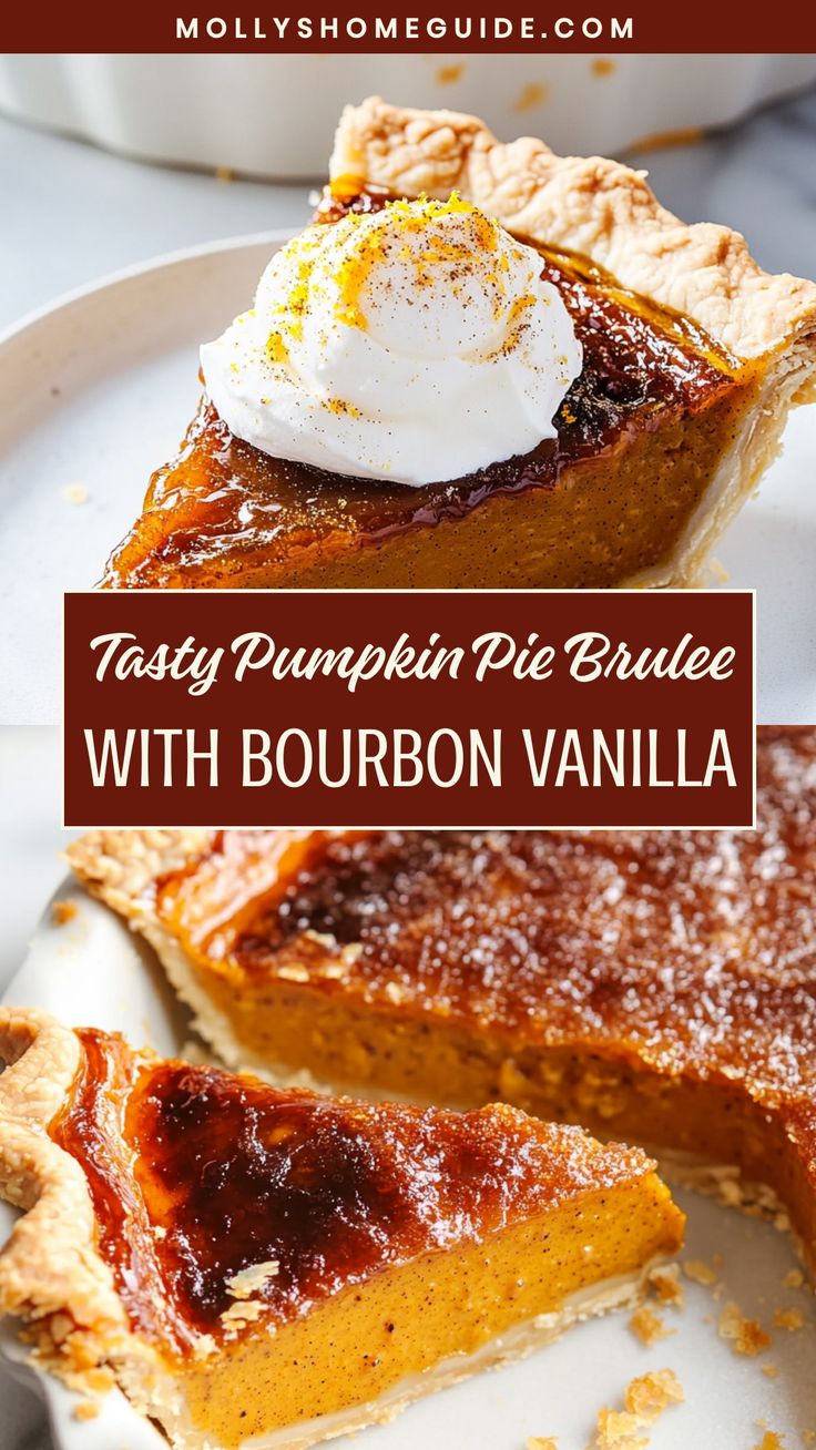 a slice of tasty pumpkin pie with bourbon vanilla on top and topped with whipped cream