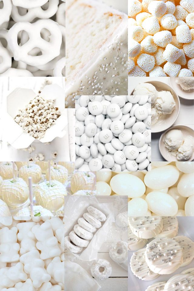 there are many different types of food in this collage, including marshmallows and pretzels