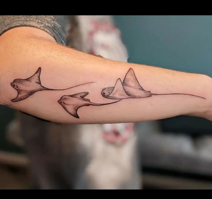 a person with a tattoo on their arm that has three sharks swimming in the water