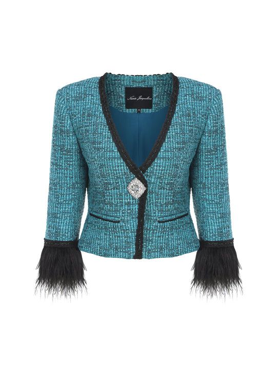 Made To Match – Page 4 – Nana Jacqueline Stiff Shoulder, Nana Jacqueline, Feather Coat, Tweed Coat, Modern Chic, Woven Fabric, Timeless Elegance, Aura, Blue Green