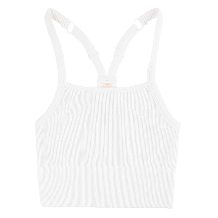 White adjustable crop top Casual Activewear With Adjustable High Stretch Straps, White Seamless Racerback Sports Bra, Casual Seamless Racerback Sports Bra, White Racerback Tank Top, Bra-friendly, Casual Sports Bra With Adjustable Straps, Casual Seamless T-back Sports Bra, White Ribbed Yoga Activewear, White Fitted Ribbed Activewear, White Ribbed Activewear For Yoga