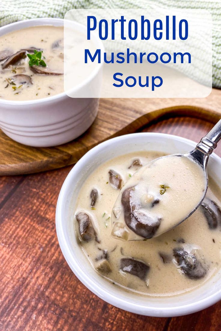 mushroom soup in a white bowl with a spoon