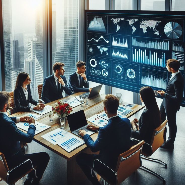 a group of business people sitting around a table in front of a large screen with graphs on it