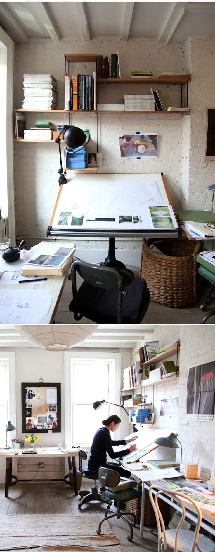 two pictures of a person sitting at a desk in front of a computer and bookshelf