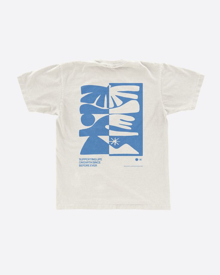 a white t - shirt with blue print on it