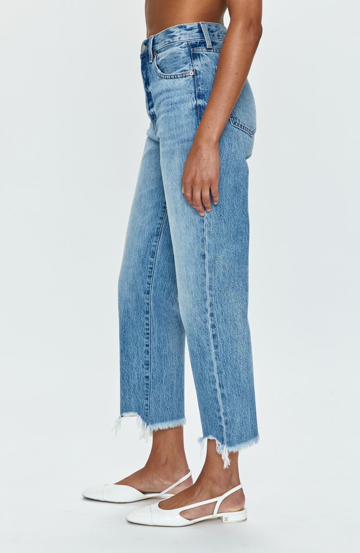 These closet-staple nonstretch-denim jeans are designed with a high waist and sparse distressing. 26" inseam; 17" leg opening; 13" front rise; 16" back rise (size 29) 100% cotton Machine wash, tumble dry Imported Fall Cutoff Denim Cropped Jeans, Dark Wash High Rise Jeans With Frayed Hem, High Rise Dark Wash Cropped Jeans With Frayed Hem, Everyday High Rise Distressed Jeans, High Rise Cropped Jeans In Medium Wash, Mid-rise Flare Jeans With Frayed Hem, Everyday Medium Wash Cutoff Flare Jeans, Distressed Mid-rise Cropped Jeans For Everyday, Everyday Medium Wash Cropped Jeans With Frayed Hem