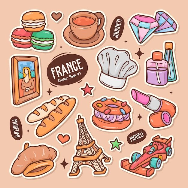 french food stickers on a pink background