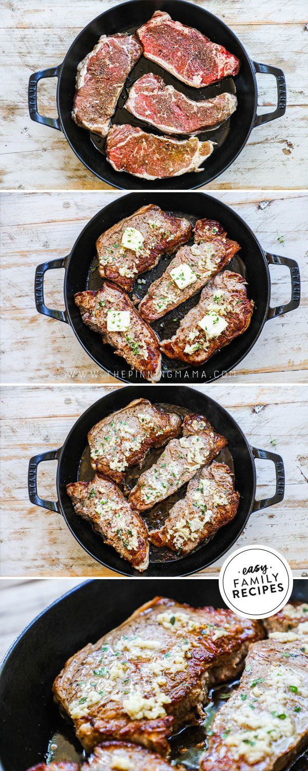 four pans filled with different types of food on top of a wooden table next to each other