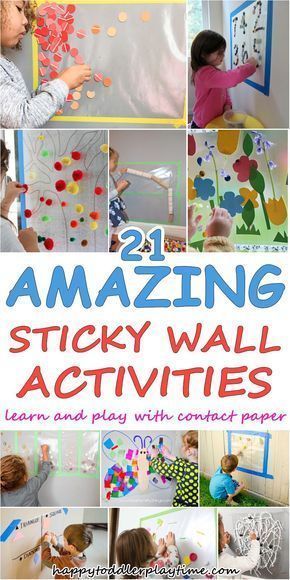 the cover of 21 amazing sticky wall activities for kids to do with contact paper