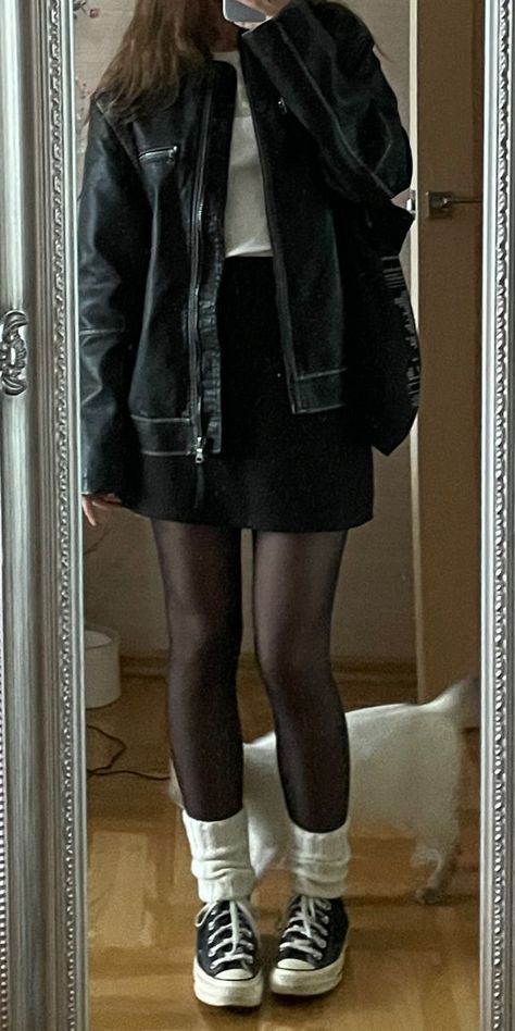 Leather Jacket Black Skirt Outfit, Black Skirt Black Jacket Outfit, Thrifted Leather Jacket Outfit, Black Jacket And Skirt Outfit, Black Corset Outfit Concert, Black Leather Jacket With Skirt, Leather Jacket With A Dress, Mini Skirt Jacket Outfit, Denim Jacket Outfit Ideas Women