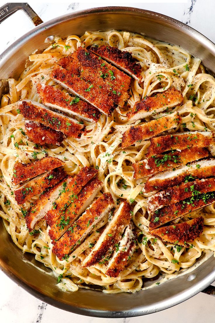 chicken fettuccine with crispy panko chicken is an easy dinner recipe