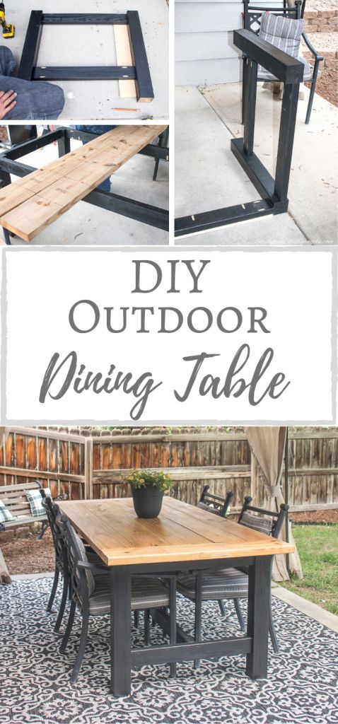 an outdoor dining table made out of wood and metal with text overlay that says diy outdoor dining table