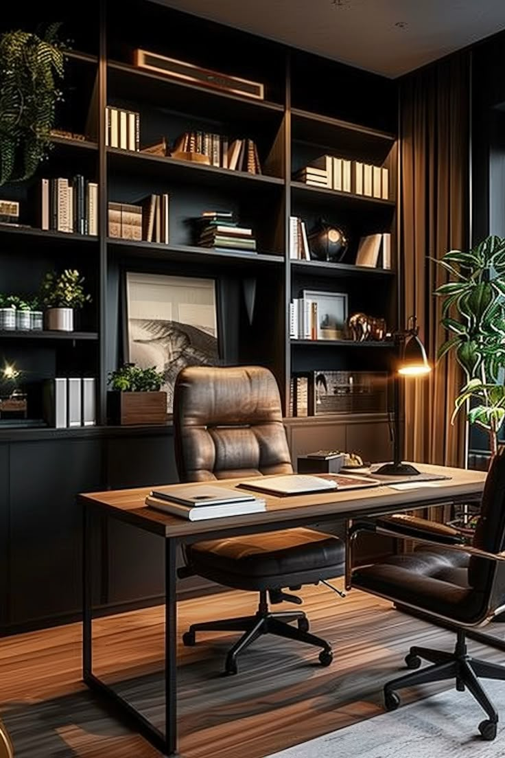 A modern executive home office with dark shelving, a sleek desk, and elegant decor, creating a stylish and professional workspace. Man Cave Office Ideas Bedroom, Dark And Moody Office Modern, Dark Office Aesthetic Vintage, Bachelor Pad Home Office, Speakeasy Home Office, Modern Male Office, Modern Vintage Office Design, Dark Wood Office Desk, Transitional Home Office Design