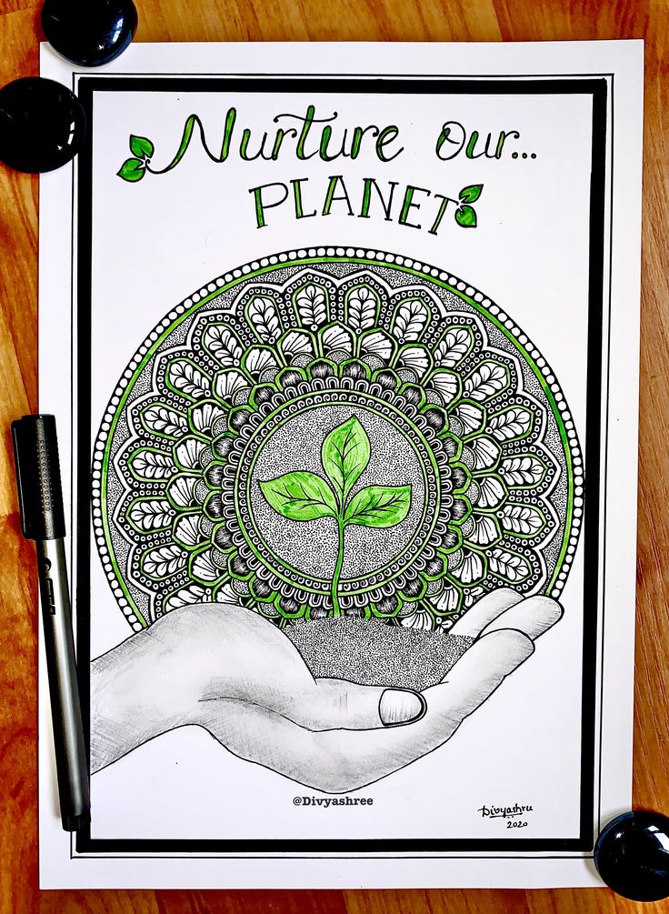 a coloring book with an image of a plant in the center and text that reads nurture our planet