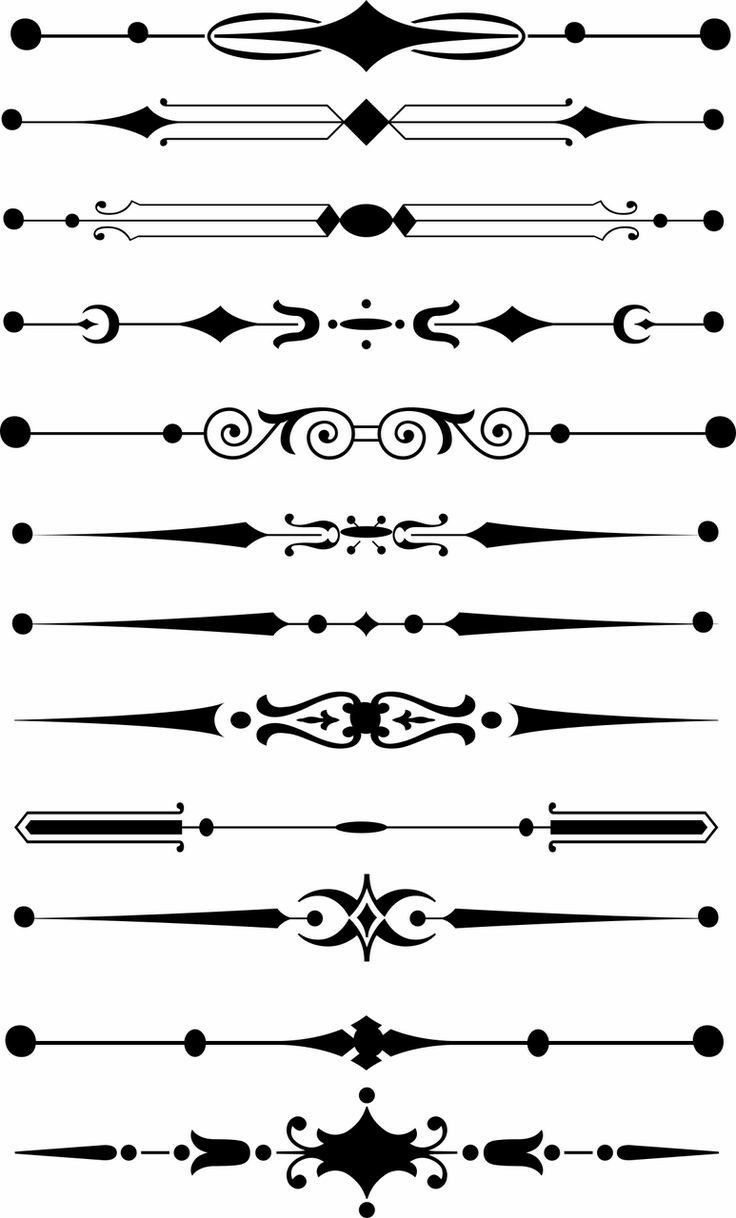 a set of decorative dividers, lines and swirls in black on a white background