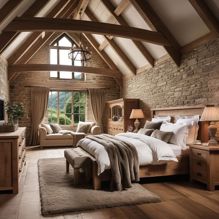 a large bedroom with wooden floors and vaulted ceiling