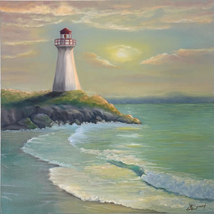 a painting of a lighthouse in the ocean