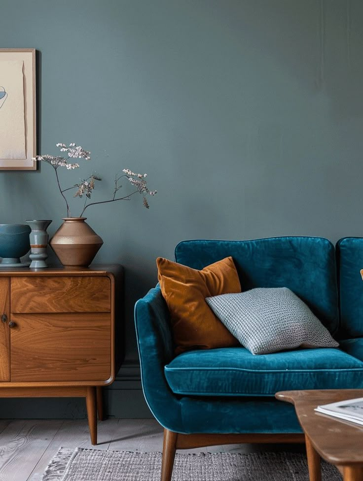 a blue couch sitting next to a wooden table with two vases on top of it