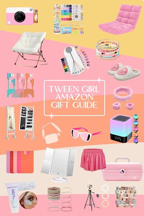 a pink and yellow poster with different items on it