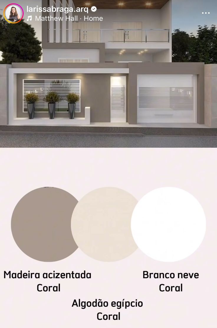 the exterior of a modern house with white and beige paint colors, including two different shades