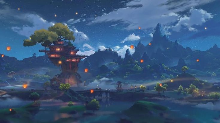 an animated scene with lanterns flying in the sky and trees on top of mountains at night