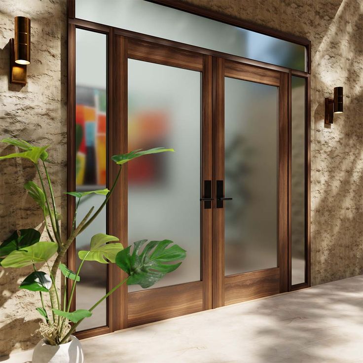 a potted plant sitting in front of a glass door