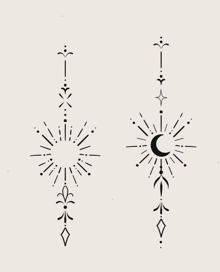 two sun and moon tattoo designs on the back of their arm, one with an arrow